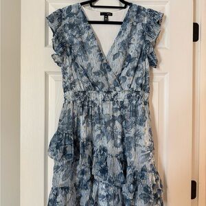 Aqua Blue Floral Ruffle Midi Dress